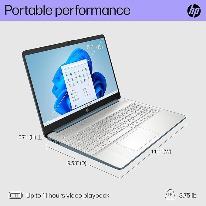 Image of hp 15.6 inch Portable Laptop, HD Display, Intel Quad-Core Processor, 16GB RAM, 128GB Storage, Wi-Fi 6, Webcam, HDMI, Numeric Keypad, Windows 11 Home, Blue