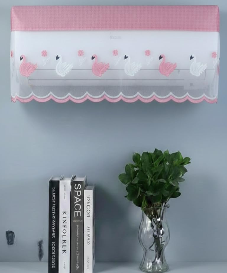 Image of Premium Cotton Net AC Cover for 1.5-2 Ton Split Air Conditioner | Dust Protection AC Indoor Unit Cover for Summer | Embroidered & Printed | Pack of 1 (Pink Duck)