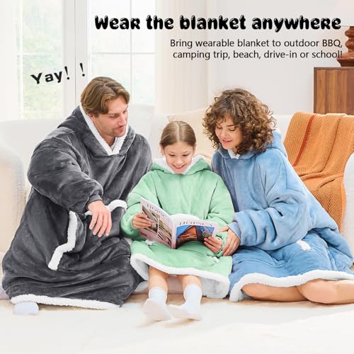 JOYWOO Green Kids Wearable Blanket Hoodie,Oversized Cat lovers Hoodie Blanket for kids & Teens,Birthday Gifts for Girl Boys,Warm Cozy Fuzzy Sherpa Fleece Blanket Giant Pocket Winter Gifts,Sage green