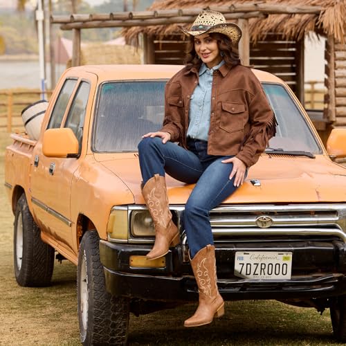 Image of IUV Cowboy Boots For Women Western Cowgirl Boots Mid Calf Snip Toe Boot With Chunky Heel