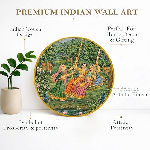 Image of Traditional Indian Village Madhubani Round Framed Wall Art Painting For Living Room | Rajasthani Folk Cultural Pichwai Wall Art Painting With Frame for Home, Bedroom & Office, 16 Inch