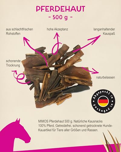 MIMOS Pferdehaut 500 g - Natürliche Kausnacks 100% Pferd getreidefrei. Schonend getrocknete Hunde-Kauartikel für Tiere Aller Größen und Rassen