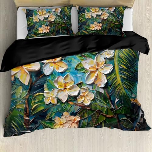 gearider King Size Bedding Sets Kids Comforter Cover Set for Girls Plumeria Tropical Palm Leaf Print 3 Pieces with 2 Pillow Shams 1 Duvet Cover