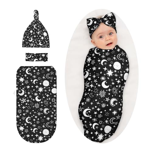 Image of Moon and Star Black Baby Stuff Swaddle Blanket Wrap Baby Newborn Blanket Soft Stretchy with Headband Hat Set Gift for Infant Boy Girl