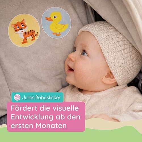 Julies Babysticker® 6 x Babysticker für Kinderwagen & Auto (ab 2-12 Monate) Kontrast - Beruhigende Kontrast-Sticker - Textil-Aufkleber Förderung visueller Entwicklung (Made in Germany)