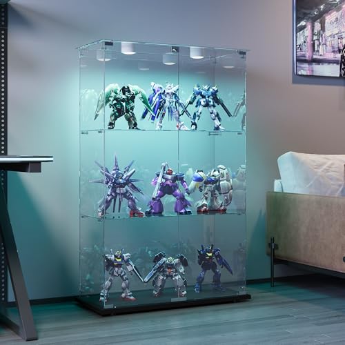 TIMORWTF - Vitrina de cristal con LED, vitrina para colección transparente, mueble vitrina de cristal con 2 puertas con cerradura y 3 estantes escaparates, 123 x 78,5 x 35 cm, color negro