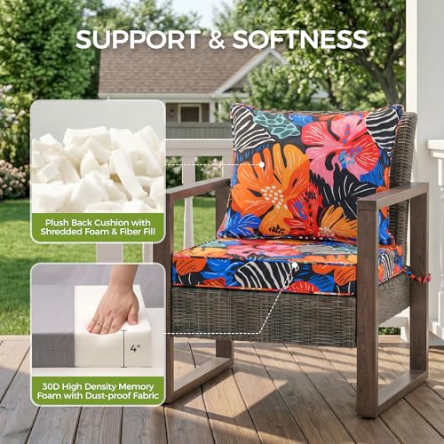 Image of UNIKOME 24 inchx24 inchx4 inch Outdoor Chair Cushions Set - Waterproof Patio Cushions for Outdoor Furniture with Removable Cover, Ties & Handle, Deep Seat Patio Cushions for Sofa Couch - Colorful Floral