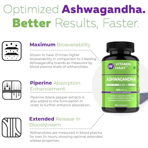 Image of Ashwagandha Supplements 90 Capsule| Organic Ashwagandha Powder Supplement for Men & Women | Supports Stress and Anxiety Relief | Withanolides 5%, Piperine Bio Enhanced Formula by VitaminHaat