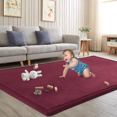 Image of Baby Play Mat for Floor Nursery Muscle Mat Area Rug Playroom Rug 79 inchx138 inch Elastic Foam 1.3 inch Thick Crawling Mat for Babies,Toddlers, Infants (Burgundy)