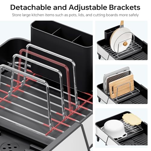Image of Urackify Large Dish Drying Rack - Triple Expandable Dish Rack for Kitchen Counter, Stainless Steel Sink Organization and Storage Essentials with Utensil & Pans Holder for Home and Appartment, Black