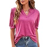 Women's Short Sleeve Tunic Blouse Summer Notch V Neck Puff Shirts Solid Loose Fit Tunic Tops Burgundy L