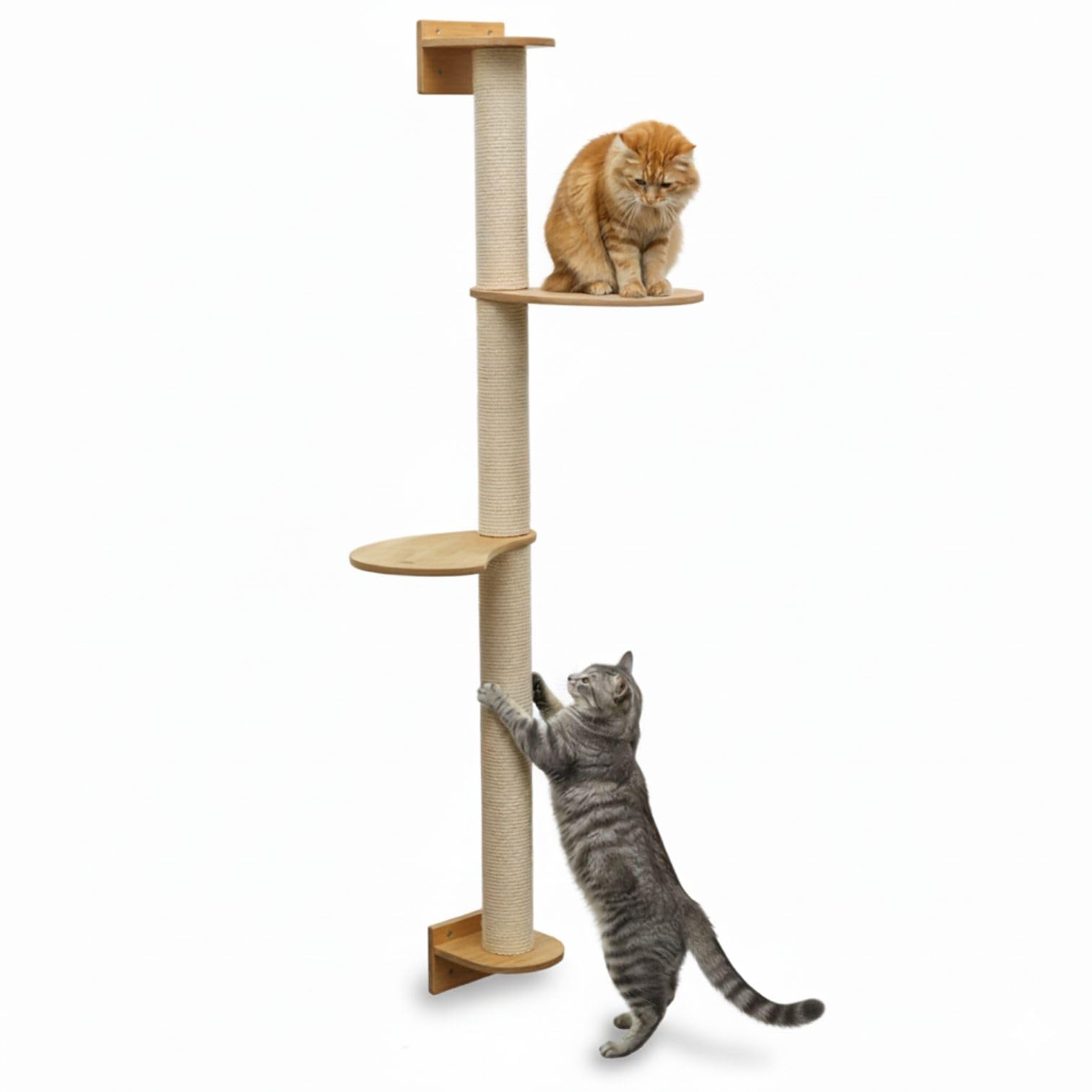eyepower 130 cm Rascador de Pared Luna con 2 Plataformas de Bambú - Árbol para Gatos con Estanteria - Columna de Sisal Natural - Recorrido de Estantes - Torre Gato Estable - Poste Alto Fijación Mural