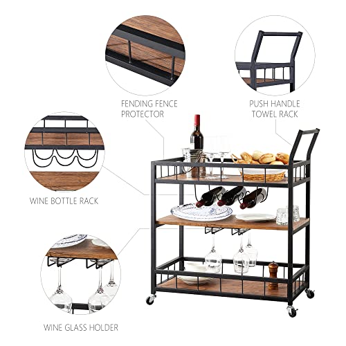 Elehinser Bar Carts 3-Tier Mobile Kitchen Serving Carts For The Home, Industrial Vintage Style Storage Handle Trolley With Wheel, Wood Metal Rolling Wine Rack Cart With Glass Holder, Mini Bar Cabinet #TOP2