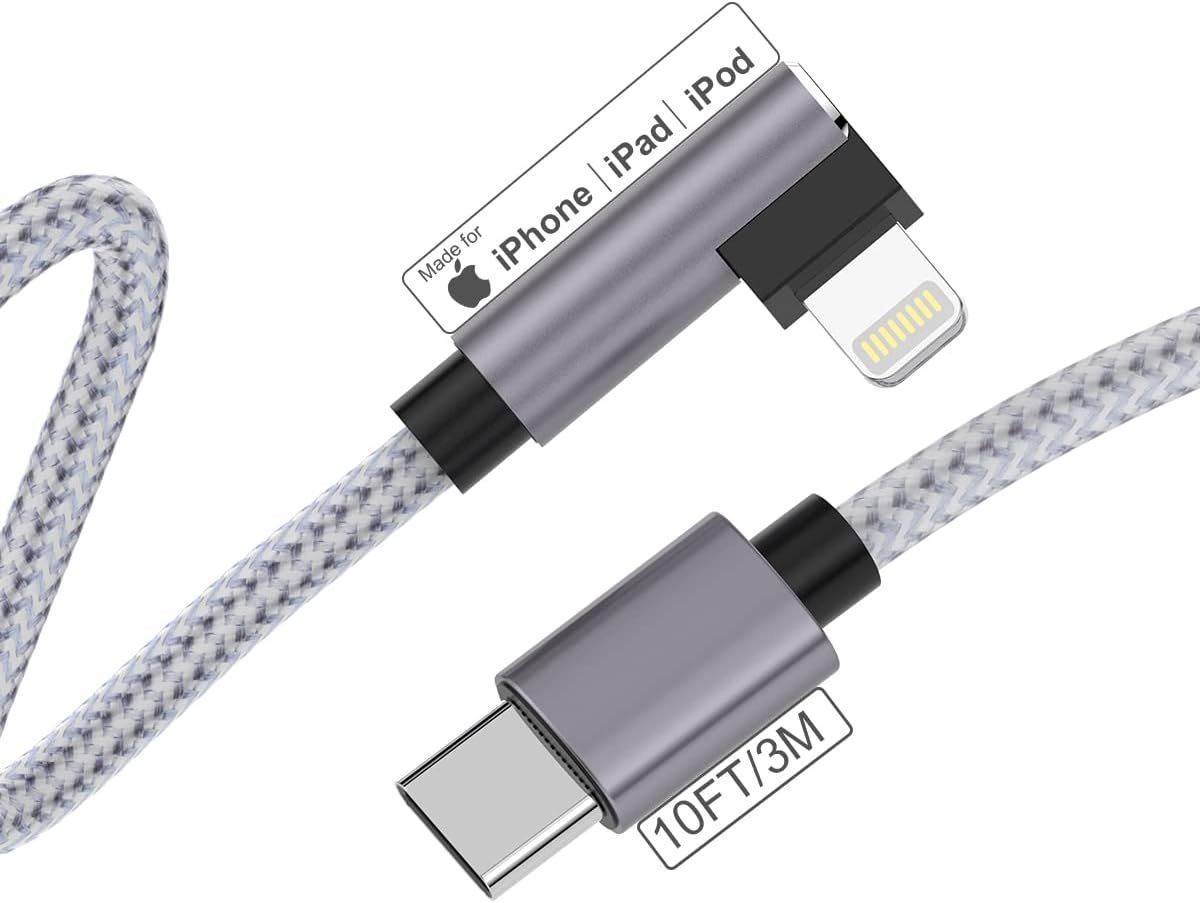 90 Degree iPhone Charger cable 10FT MFi Certified Right Angle iPhone Charger Nylon Braided Lightning to USB C PD Fast Charging Cable Data Sync Cord Compatible with iPhone 14/13/Pro/12/Max/11/X/XS/XR/8