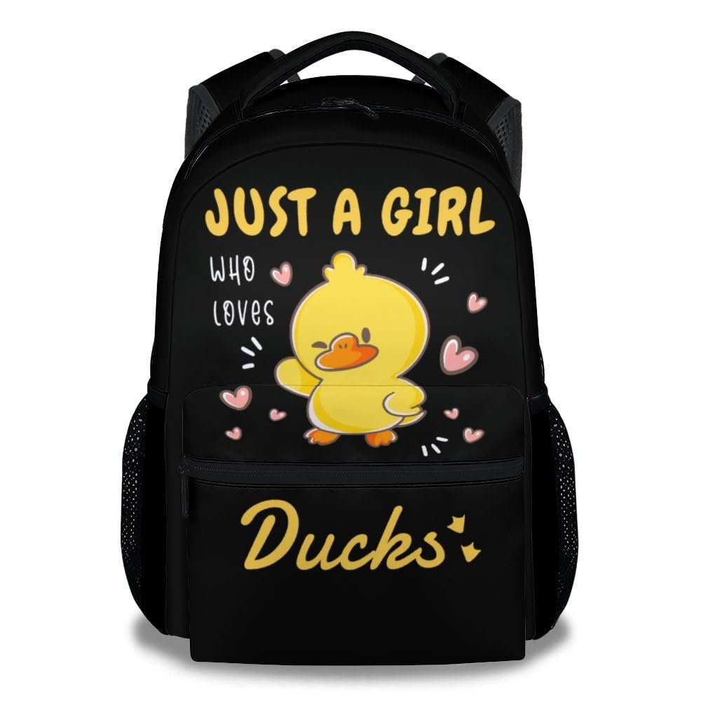 NICEFORNICE Duck Backpack for Kids, 17 Inch Cute Backpacks for Primary School, Black Lightweight Bookbag for Girls