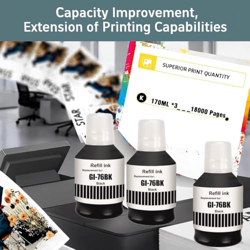 Image of KOSH GI-76 Ink Suitable Bulk Bottle Water Based Refill Ink for Canon MAXIFY GX5070,GX6070,GX7070 Printers 135ml Each Bottle (3, Black Pack of 3)