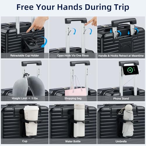 Hard Shell Suitcases Airline Approved 20 Inch Carry on Luggage with Wheels, Expandable Travel Luggage with Cup Holder Charger Built in Lightweight Small Suitcase, Black2