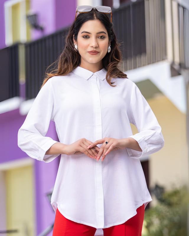 Image of Mlada Hemline Solid Shirts for Women | 3 /4 Sleeves Classic Rayon Shirt for Office Wear | Collared Neck Shirt for Girls | Regular Fit Shirts | Smart Formal Button Down Shirt for Women