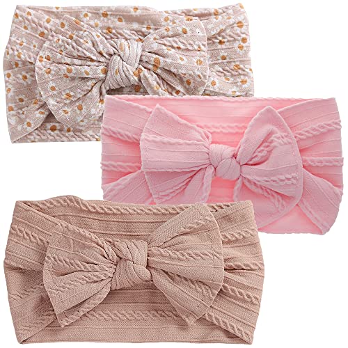 Baby Girls Headbands with Bows Soft Stretchy Nylon Hair Bands for Newborn Infant Toddler Girls- Pack of 3