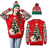 JATEBI Light Up Christmas Ugly Sweater and Knitted Hat Set for Women with LED Bulbs Christmas Tree Funny Xmas Party Pullover Top Sweater,L Red