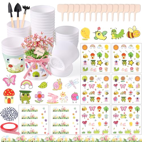 30 Pack Garden Plastic Pot Craft Kit DIY Flower Plant Crafts Nursery Pots with Stickers Flower Planting Growing Kit for Spring Summer Home Classroom School Creative DIY Art Project Activities for Kids