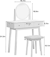 Vista 6 de SogesHome Juego de mesa de tocador con espejo móvil y taburete acolchado, escritorio de maquillaje con 3 cajones, tocador blanco clásico