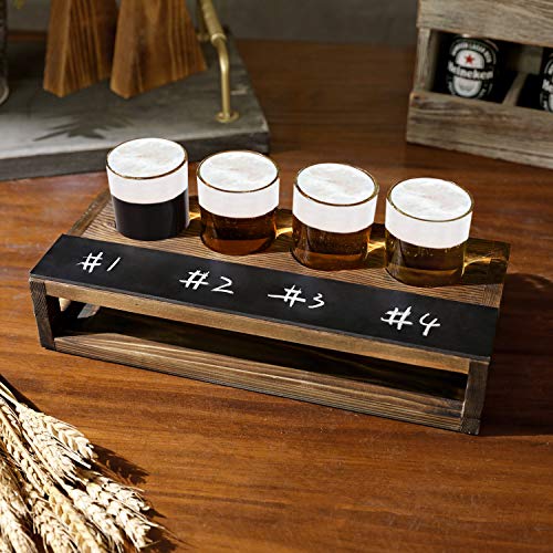 Mygift Rustic Burnt Solid Wood Tasting Beer Glass Gift Set With 4 Tasting Beer Glasses And Serving Tray With Erasable Chalkboard Label #TOP1