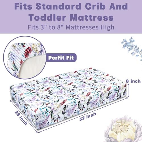 Image of Crib Sheets for Girls Boys, HNHUAMING Ultra Soft Neutral Crib Fitted Sheets, Boho Breathable Universal Crib & Baby Mattress Sheet Set, Purple Floral