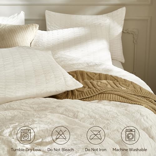 Image of JELLYMONI White Duvet Cover Full Size, 3pcs Washed Microfiber Bedding Set, Soft Breathable Seersucker Duvet Cover Set with Zipper Closure and Corner Ties for All Seasons