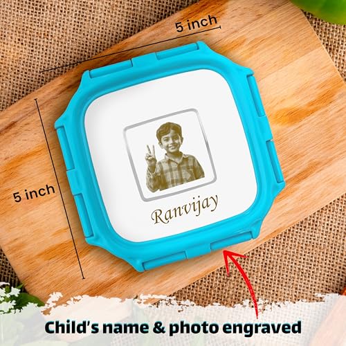 Image of SAVRI Personalized Stainless Steel Lunch Box for Kids - Customized Laser Photo & Name Printed | Square Food Storage Tiffin Box Lunch Box for Baby, Toddler & Children. (Blue)