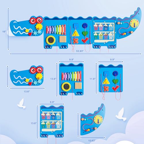 Image of Spacocld Crocodile Sensory Toys Activity Wall Panels - Montessori Busy Board, Toddler Learning Panel, Wall-Mounted Playroom /Daycare Educational Toys, Interactive Wooden Gift for Kids 3-6, Blue
