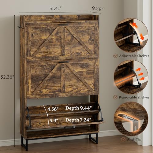 Image of BORNOON Shoe Cabinet with 3 Flip Drawers Narrow Shoe Storage Cabinet Organizer Wooden Freestanding Shoe Rack Hidden Slim Shoes Storage Cabinet for Entryway, Hallway, Living Room, Bedroom