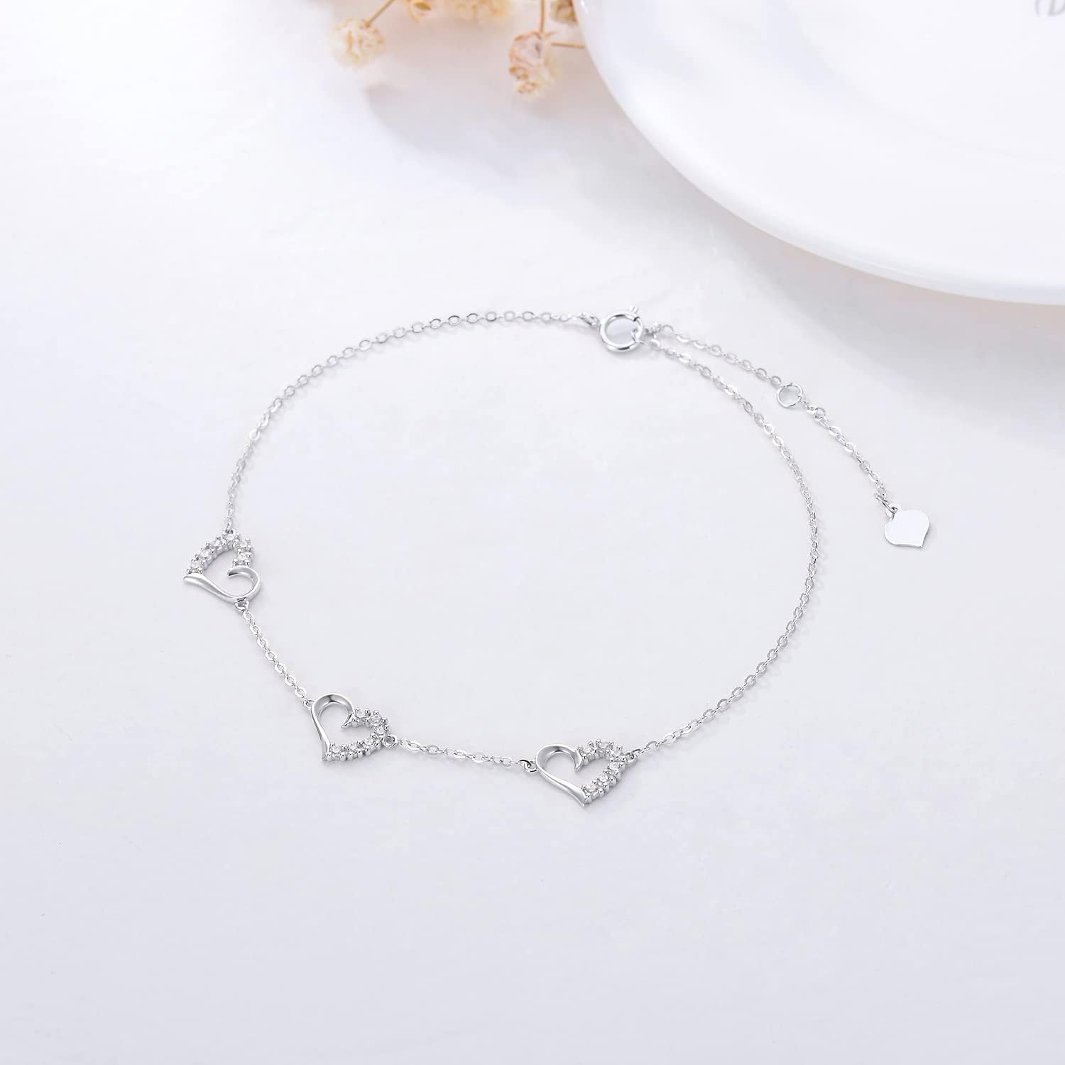 SISGEM 10k White Gold Heart Anklet for Women, Cubic Zirconia Love Ankle Bracelet Jewelry for Wife/Mother/Sister, Birthday Gifts for Her, 9.4"-11"