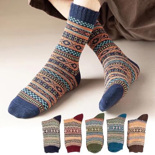 Image of 5 Pair Warm Socks Vintage Winter Thick Knit Cozy Crew Socks Boots Socks Gifts for Women