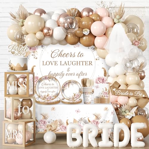 cocomigo 301pcs Boho Bridal Shower Decorations Complete Party Set Serves 25 Guests Boho Wedding Engagement Theme Bridal Shower Decorations includes Balloon Arch Box Tableware Veil Shoulder Straps