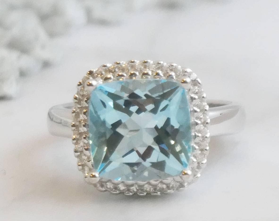 Blue Topaz Cushion Cut and Natural Zircon Sterling Silver Ring - Handmade Gemstone Jewelry Gift Ideas for Women
