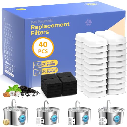 Image of GIOTOHUN Filters for Cat Water Fountain: 40 Cat Water Fountains Filter - 20 Carbon Filters & 20 Foam Filters - Suitable for GIOTOHUN Stainless Steel Cat Fountain S11