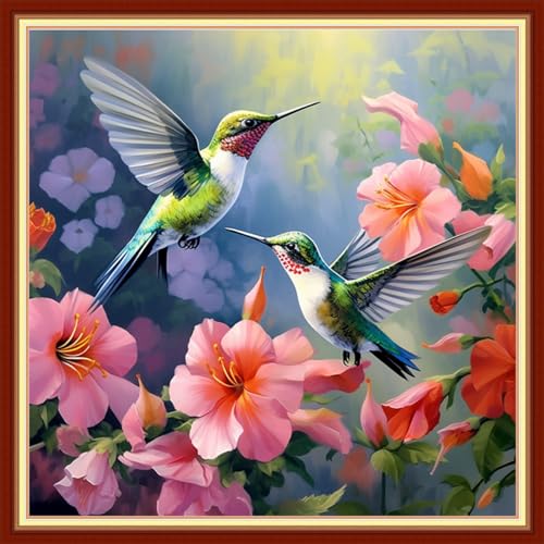 Image of Dooxvey Cross Stitch Kit for Adult Beginners - Hummingbirds Gather Honey 18x18 inch