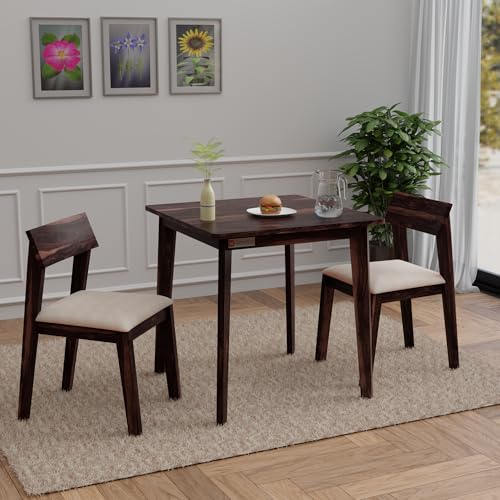 Image of DRIFTINGWOOD Liana 2-Seater Sheesham Wood Dining Table Set � in Walnut Finish with Table & 2 Cushioned Chairs � Ideal for Small Kitchens & Compact Living Spaces � Assembly Required (Beige)