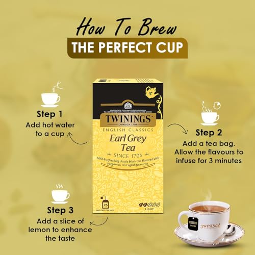 Image of Twinings Earl Grey Tea, 25 Tea Bags| Pack of 1| English Classic Range| Premium Black Tea| Light Strength| With Citrusy Notes of Bergamot|Mild & Refreshing Flavour| Enjoy as Hot or Iced Tea