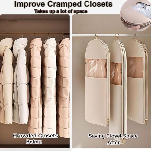 Pink Space Saving Hanging Garment Bag with Self Compression Zipper(M+L+XL,3pcs), 2025 Waterproof Dust Cover Clothes Bags for Down Coat,Space Saver Closet Organizers3