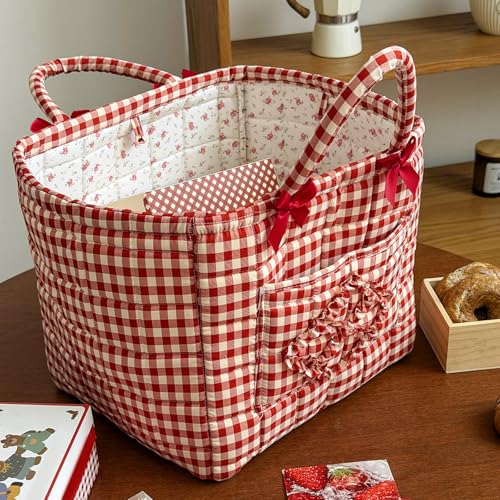 Image of Quilted Fabric Basket Car Storage Basket Boho Floral Laundry Hamper for Nursery Bedroom & Living Room | Organize Clothes Toys (Red Gingham Check)