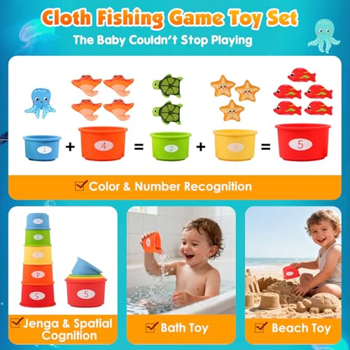 Image of FREYBLI Montessori Toys for 1 Year Old Boy Girl Birthday Gift - Cloth Toddler Fishing Game with Stacking Cups, Educational Toys for One Year Old, Sorting Learning Baby Toy 12-18 Months 1-2 Year Old
