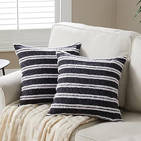 Fancy Homi 2 Packs Dark Gray Farmhouse Decorative Throw Pillow Covers 18x18 Inch with Striped Jacquard Pattern, Soft Cotton Linen Boho Accent Square Cushion Case for Living Room Couch Bed Sofa Cover