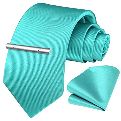 HISDERN Cravate de mariage et pochette de costume de couleur unie turquoise, ensemble de pinces à cravate classiques pour hommes - Plusieurs couleurs