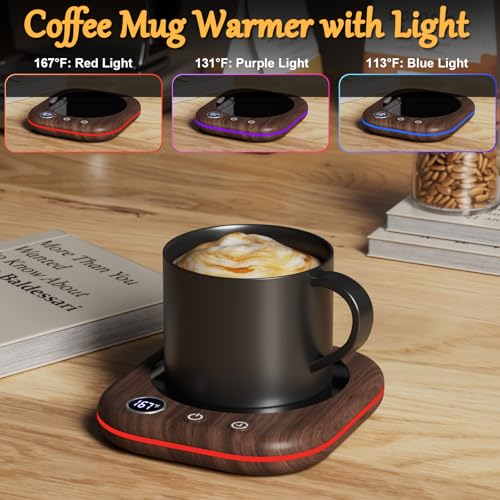 Image of Mug Warmer Upgraded,Coffee Mug Warmer for Desk LEDs Light 3 Temp Settings (113-167F) 1-12H Timer 4 H Auto Shut Off Beverage Cup Candle Warmer for Coffee Tea Milk(Wood Grain)