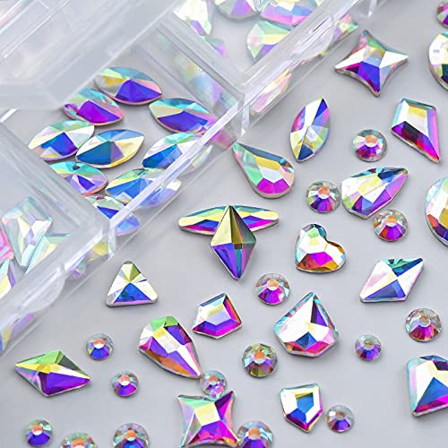 Nail Art Rhinestones Kit HUETFAT 120Pcs Multi Shapes Glass Crystal Ab nail Stones Nail Jewels + Flatback Nail Gems Rhinestones for Nails 2400Pcs With Pick Up Tweezer and Wax Pencil (120+2400pcs)
