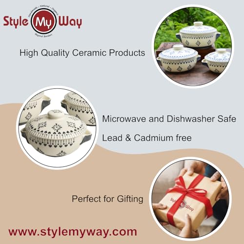 Image of StyleMyWay Hand Painted Large Ceramic Serving Donga Set for Kitchen with Lid and Handle (Set of 3, White and Grey, 1200 ml, 1000 ml, 800 ml) | Casserole Set | Dinner Serving Bowls with Lid