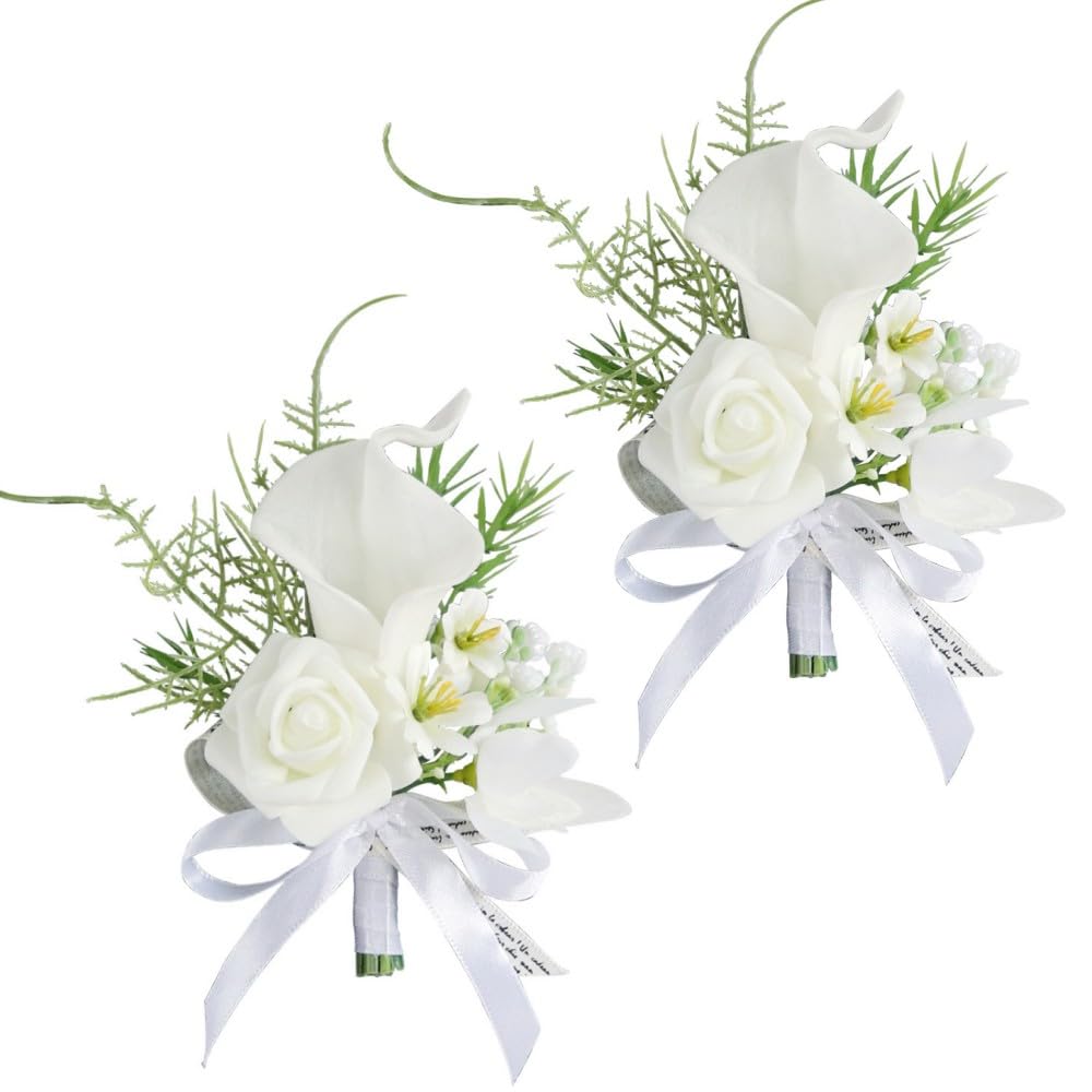 CCUUHJ Rose Calla Lily Boutonniere Set of 2 for Men for Wedding Groom Groomsmen White Artificial Flowers Boutonniere for Wedding Ceremony Anniversary Formal Dinner Party (White-2pcs)