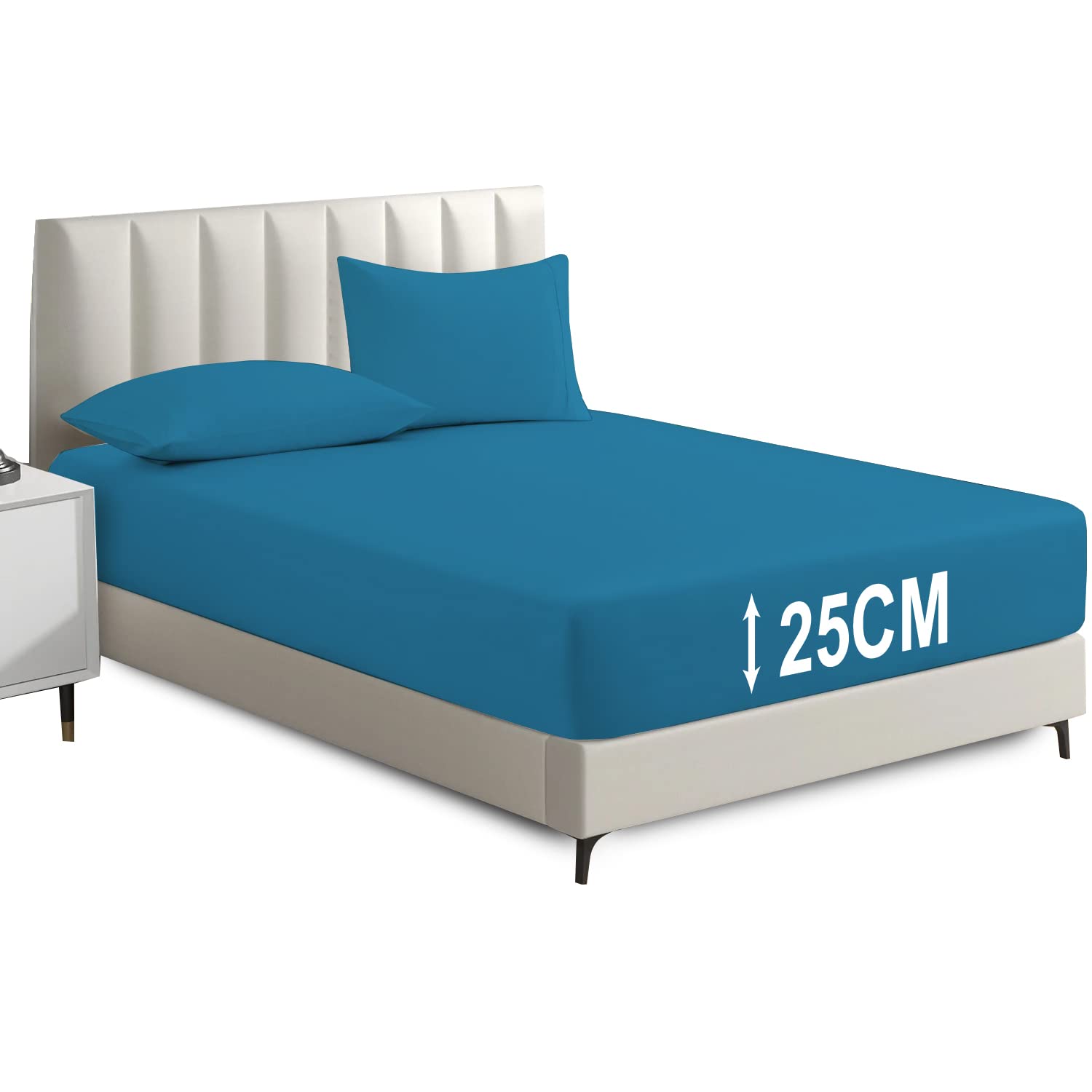 Deep Fitted Sheet 25cm - Plain Dyed Non Iron Polycotton Fitted Bed Sheet Mattress Cover - Elasticated Deep Pocket Bed Mattress Cover (Teal, Double)